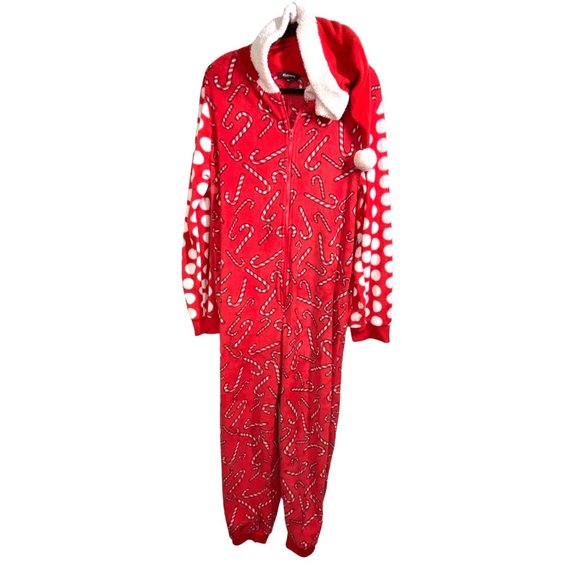 #Follow me Christmas one piece zip up pajamas santa hood candy canes women's XXL - Picture 3 of 13